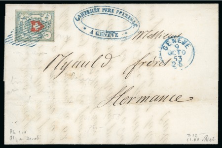 Stamp of Switzerland / Schweiz 1851 Rayon I 5 Rp Stein C1 type 12, tadellos und voll-bis-breitrandig, entwertet durch sauberen Abschlag der blauen Raute auf Faltbrief