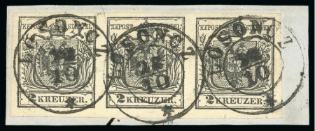 Losoncz - Hungary (Ungarn), nowadays in Slovakia. 1850 2kr strip of three on piece