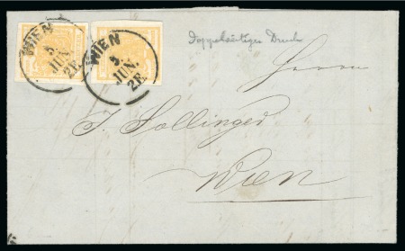 1850 1kr in yellow-ochre, two printed on both sides, on local cover 