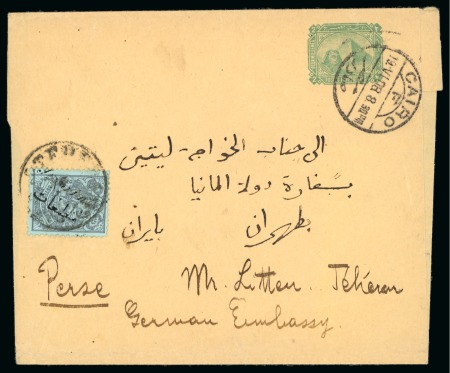 1908 Egyptian newspaper wrapper 2m green addressed to Teheran, with rare 2ch Persian newspaper tax stamp 
