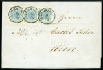 Alt-Orsova, in modern day Romania - Banat-Serbian Military Frontier. 1850 9kr strip of three on cover