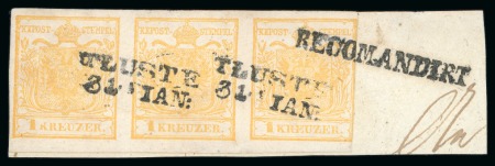 Stamp of Austria » Galizia (Galizien) Tluste, in modern day Ukraine - Galizia (Galizien). 1850 1kr strp of three, Müller 2932a + 3715a