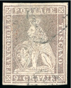 Stamp of Italian States » Tuscany 1859 9cr brown-lilac, good to wide margins, lightly cancelled, very fine and rare