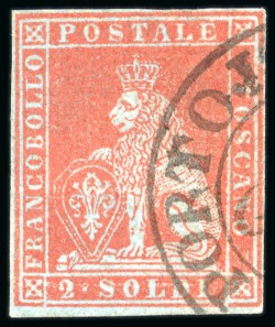 Stamp of Italian States » Tuscany 1851-52 2s scarlet on blue, clear to good margins, neatly cancelled by Portolongone partial cds