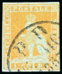 1851-52 1s golden yellow on blue, just clear to good margins, neatly cancelled