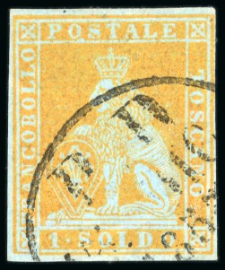 1851-52 1s golden yellow on blue, just clear to good margins, neatly cancelled