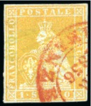 1851-52 1s yellow-bistre on blue, clear margins all around, neatly cancelled by red Firenze cds