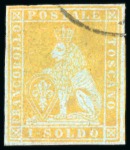 1851-52 1s lemon yellow on blue, just clear to good margins, neatly used