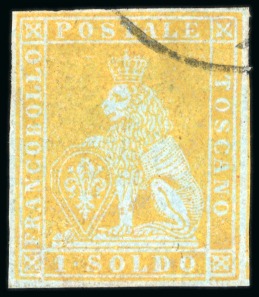Stamp of Italian States » Tuscany 1851-52 1s lemon yellow on blue, just clear to good margins, neatly used