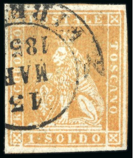 1851-52 1s ochre on blue, good to large margins, neatly cancelled by Firenze cds