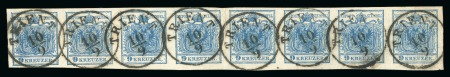 Stamp of Austria 1850 HP 9kr blue, used strip of eight