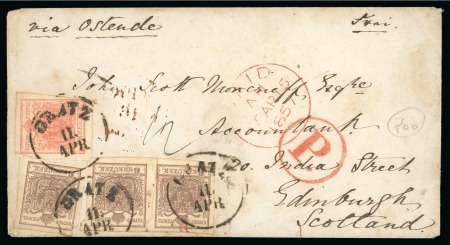 1854 MP 3kr and 6kr single and pair, on cover to Scotland