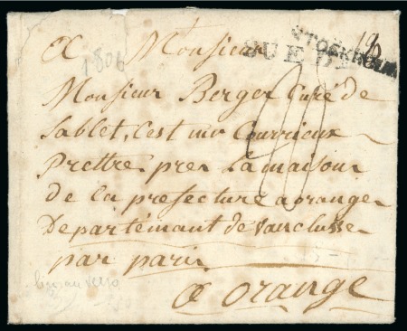 Stamp of Sweden 1806 Entire from Stockholm to Orange, France, with "SUEDE" and scarce "STOCKHOLM" hs