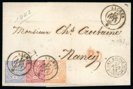 1868 (Feb 17) Wrapper from Aachen to France with 1868 1/2gr, 1gr and 2gr at lower left tied by Aachen double circle ds