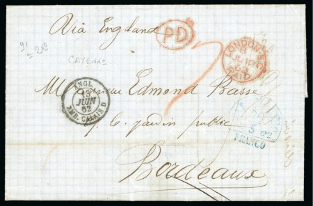 Stamp of Netherlands » Netherlands Colonies » Surinam 1862 (May 20) Stampless entire from Cayenne, French Guiana, posted in Paramaribo, Surinam, to France