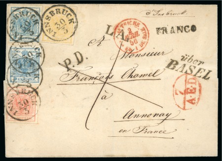 Stamp of Austria 1850 1kr, 3kr, 9kr (2), a very rare three-colour franking to France via the French P.O. in Basel