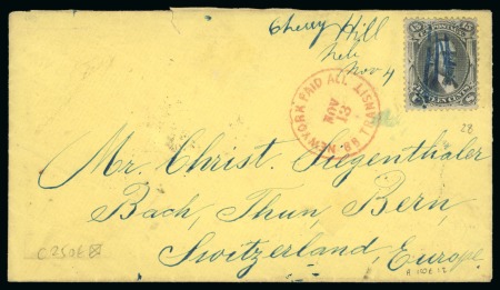 Stamp of United States 1869 (Nov 4) Envelope from "Cherry Hill" to Switzerland with 1861-66 15c Lincoln cancelled by blue pen
