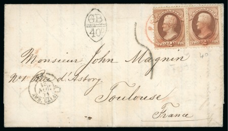 Stamp of United States 1871 (Oct 31) Entire from Philadelphia to France with 1870-71 2c pair tied by red duplex, with UK-French "GB / 40c" accountancy hs