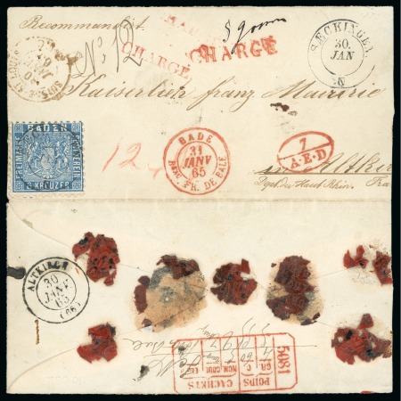 Baden 1862-66 9 Kr (Michel 19) auf Wertbrief, nur zwei Briefe mit diesen Chargé-Stempel von Basel bekannt