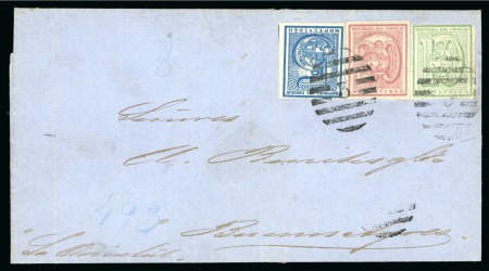 Stamp of Uruguay 1868-72 5c blue, 10c green and 20c rose, unique three-colour franking on cover