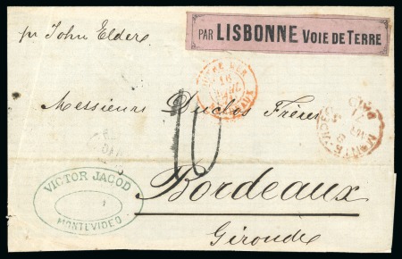 Stamp of Uruguay 1871 (March 5) Cover front from Montevideo to Bordeaux, via the Br. P.O. with very rare private instructional label