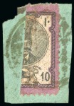 1879-80 Second Portrait 10sh violet and black, horizontal and vertical bisects on fragments