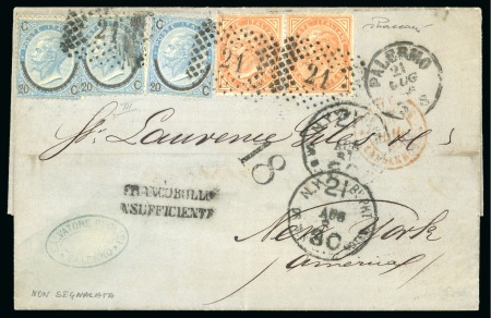 Stamp of Italy 1866 (Jul 21) Entire from Palermo to the USA, insufficiently franked with 80c franking