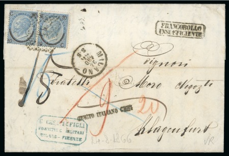 Stamp of Italy 1866 (Aug 24) Entire from Milan to Austria with 1865 20c on 15c pair, underpaid with "FRANCOBOLLO / INSUFFICIENTE" and "DEBITO ITALIAN CENT." hs
