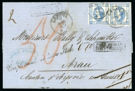 Stamp of Italy 1863 (May 9) Entire from Genoa to Switzerland underpaid with "FRANCOBOLLO / INSUFFICIENTE" hs and "Complemente di tutta Ital." cursive hs