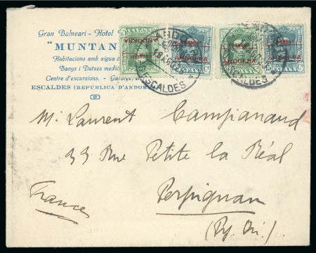 Stamp of Andorra (Spanish Post) 1928 (Aug 18) Commercial envelope to Perpignan (France) bearing first issue 10c (2) and 15c (2)