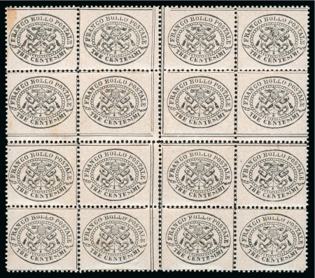Stamp of Italian States » Papal States THE LARGEST MULTIPLE KNOWN OF THE VALUABLE 1868 3C. GREY-ROSE