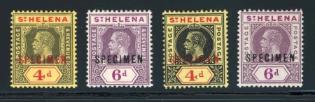 Stamp of St. Helena 1912 & 1913 4d & 6d on chalk surfaced and normal paper with SPECIMEN overprints