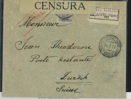Stamp of Italy » Aegean Islands Calino/Kalymnos. 1917 (July 24) Registered cover to Zurich