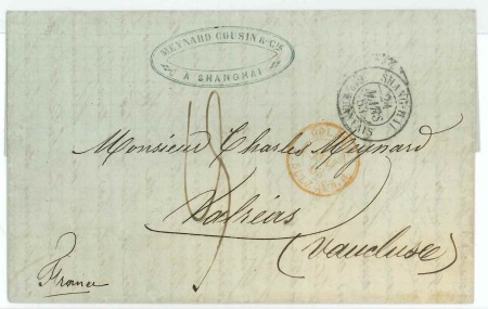 1863 Stampless cover to Valréas, bearing "SHANG-HAI/Bau FRANÇAIS"cds