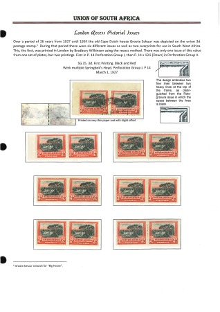 Stamp of South Africa » Union & Republic of South Africa 1927-30 3d Specialised study on 4 exhibit pages, showing items from the two printings, incl. perf.14 mint lower pane block of 12