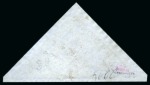 1861 Woodblock 4d pale milky blue with good to very good margins, tied to small piece by neat barred triangle cancel