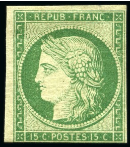 Stamp of France » Type Cérès de 1849-1850 1849, Y&T n°2e Cérès 15 centimes vert réimpression