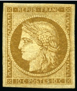 Stamp of France » Type Cérès de 1849-1850 1849, Y&T n°1 Cérès 10 centimes bistre-jaune, *,