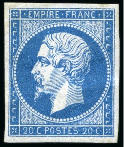 Stamp of France » Empire 1853-1862 1853, Y&T n°14 Empire non dentelé 20 centimes bistre,