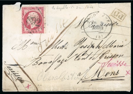 1869, Lettre pour la Suisse affranchissement Empire