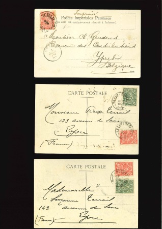 1903-08, Trio of picture postcards to France/Belgium, one "impimé" from Kermanchah at 5ch rate, two from Recht with 5ch & 3ch