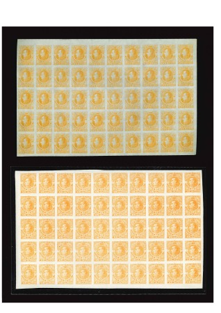 Stamp of Colombia » States - Bolivar 1879 20c orange on imperforate horizontally laid batonne bluish paper, sheet of 50 plate proofs, and1882 1p orange imperf., both in sheets of 50