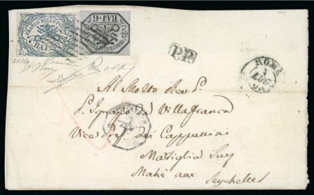 Stamp of Italian States » Papal States 1852 50b blue  with 6b greenish grey, one of just two covers from all Italian States, addressed to the Seychelles