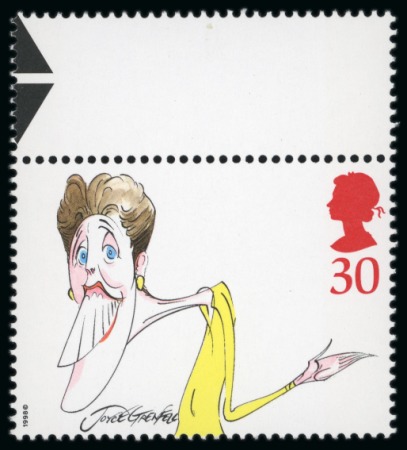 Stamp of Great Britain » Queen Elizabeth II 1998 Comedians 30p error of value mint nh top marginal, very fine and rare unissued stamp