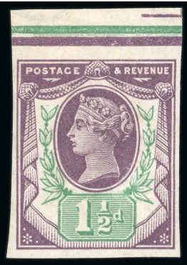 Stamp of Great Britain » 1855-1900 Surface Printed » 1887-1900 Jubilee Issue & 1891 £1 Green 1887 Jubilee 1 1/2d purple & green imprimatur from pl.6, top marginal 