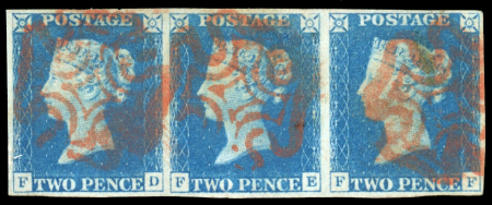 Stamp of Great Britain » 1840 2d Blue (ordered by plate number) 1840 2d. Blue, Pl. 1, FD-FF horizontal strip of three,