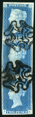 1840 2d. Blue, Pl. 1, HK-JK vertical strip of three,