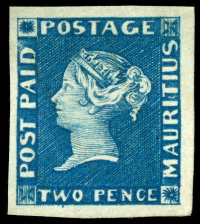 Stamp of Mauritius » 1848-59 Post Paid Issue » Earliest Impressions (SG 3-5) 2d. Deep blue on deep blue to greyish blue paper, unused