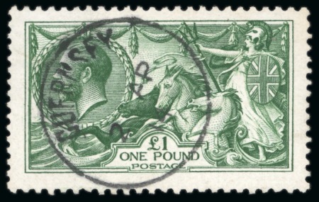 1913 Waterlow £1 deep green Seahorse with neat Guernsey 2 AP 14 cds