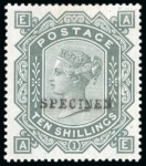 Stamp of Great Britain » 1855-1900 Surface Printed » 1867-83 High Values 1883-84 10s Grey-Green pl.1 on blued paper with SPECIMEN type 9 handstamp